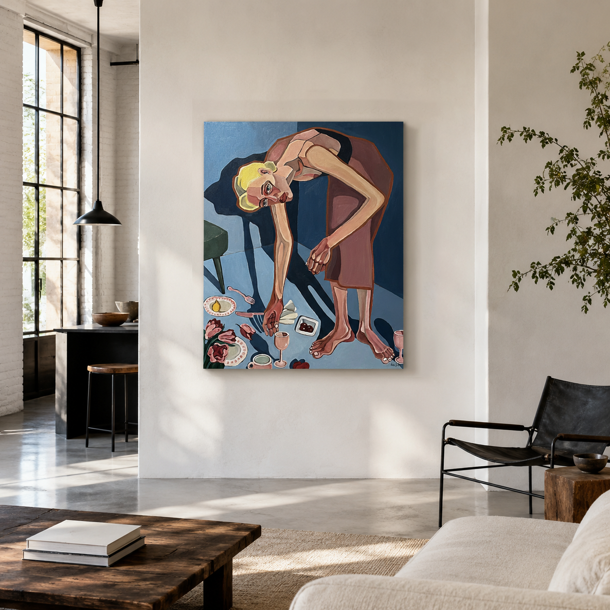 After Everyone Left by Noemi Safir, original painting from Drama Looks Good on Us, featuring a woman bending over a table after a shared encounter has ended.