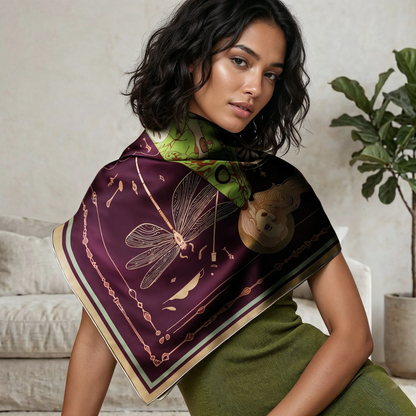 NOE MI The Navigator Amethyst square silk scarf is a luxury accessory that adds depth, contrast, and visual impact to modern fashion styling.