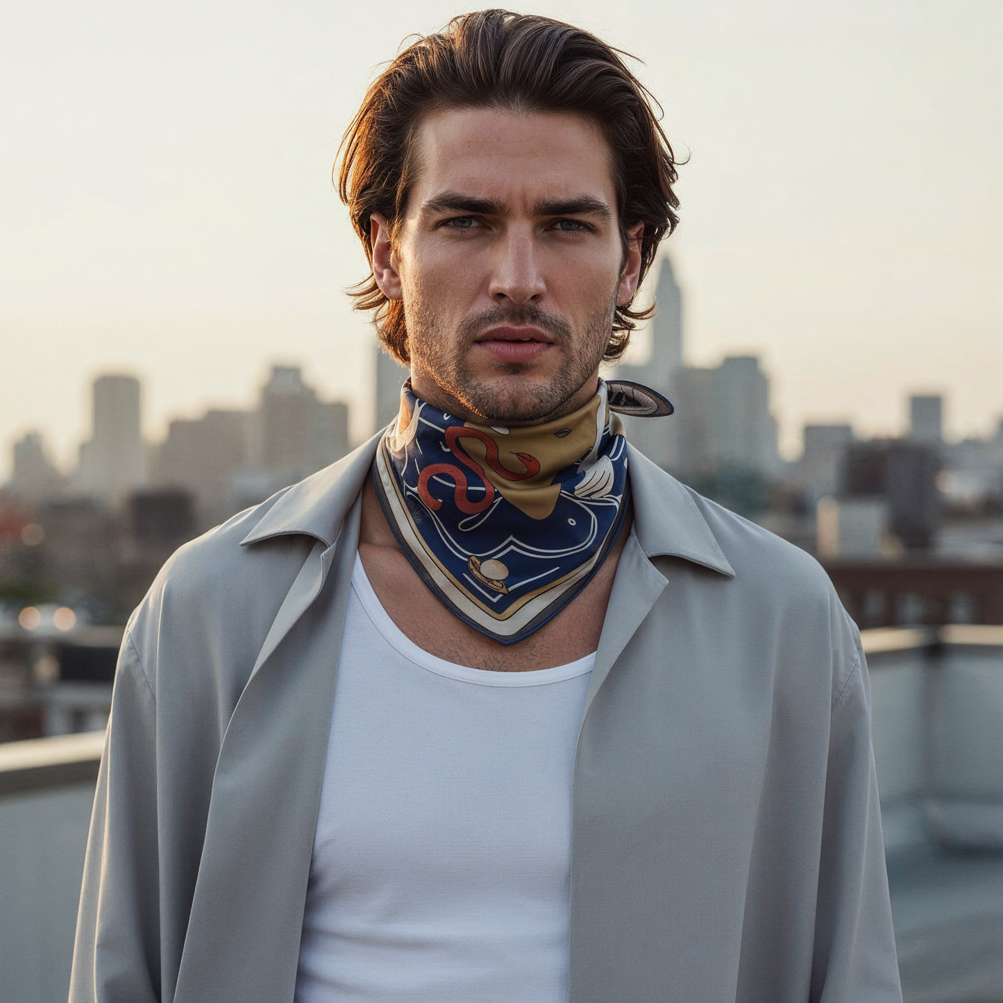 NOE MI Apple Affair Sapphire silk scarf is a statement accessory that enhances outfits with deep blue tones and artistic detail.