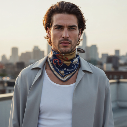 NOE MI Apple Affair Sapphire silk scarf is a statement accessory that enhances outfits with deep blue tones and artistic detail.