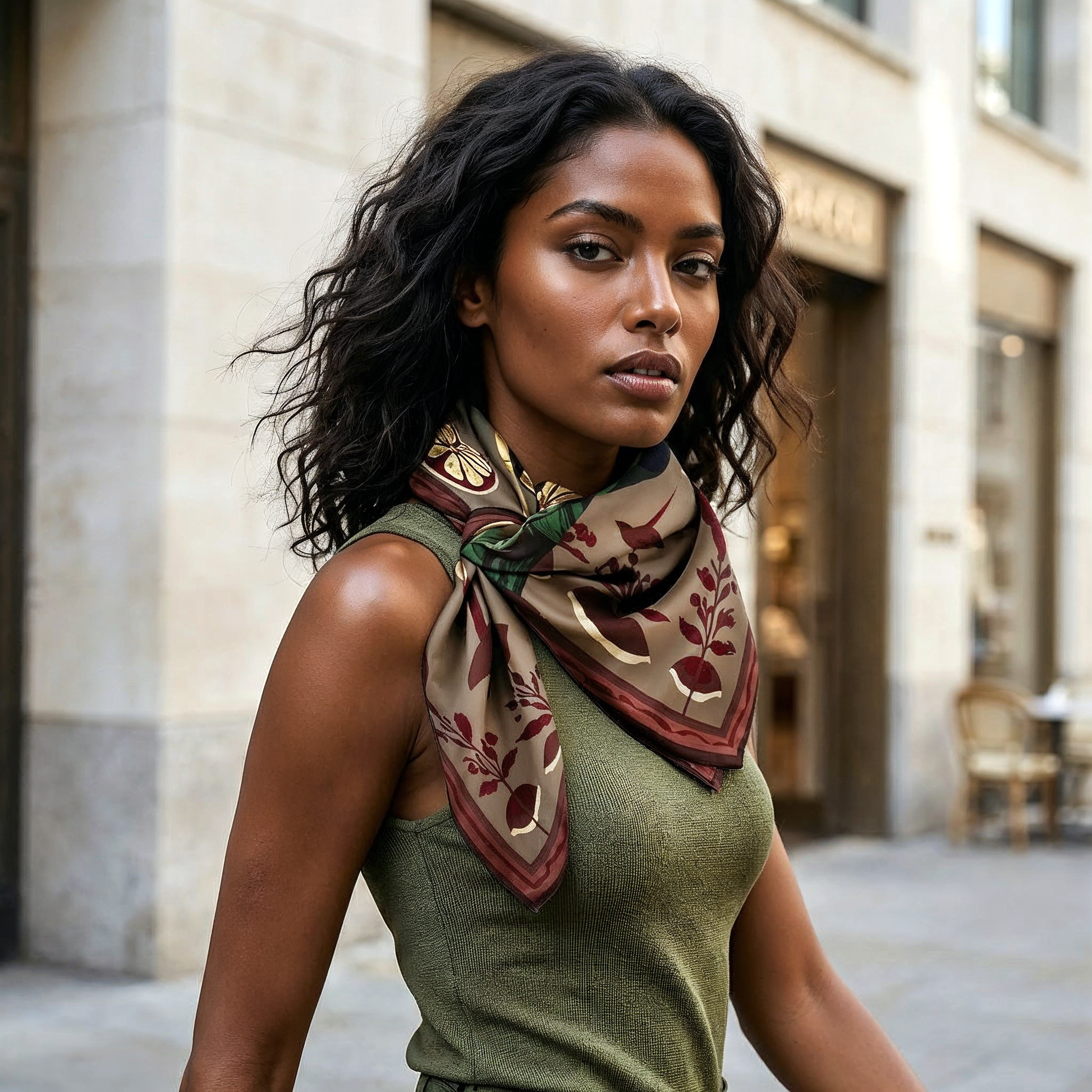 NOE MI Ginger Lace Gothic square silk scarf is a designer accessory that can be styled as a neck scarf, headscarf, or shoulder wrap for elevated everyday looks.