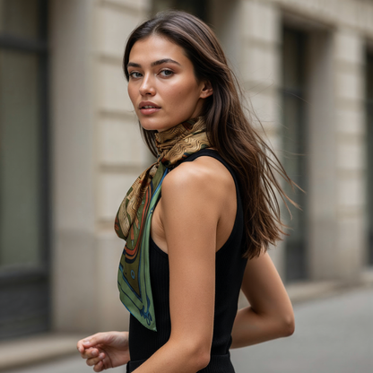 NOE MI luxury silk scarf Lunar Empress Spring in green and terracotta tones with feminine artwork and botanical elements