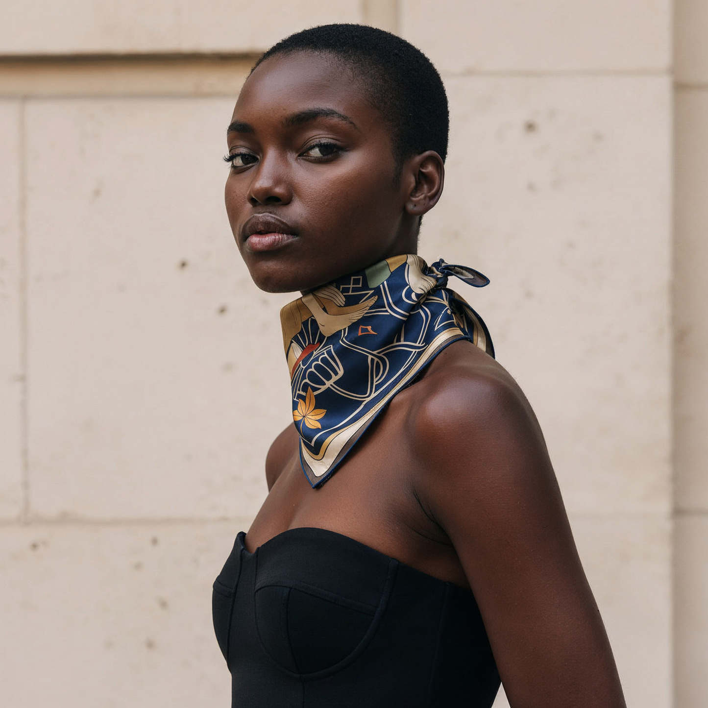 NOE MI Apple Affair Sapphire square silk scarf is a designer accessory that can be styled as a neck scarf, headscarf, or handbag accent for elevated everyday looks.