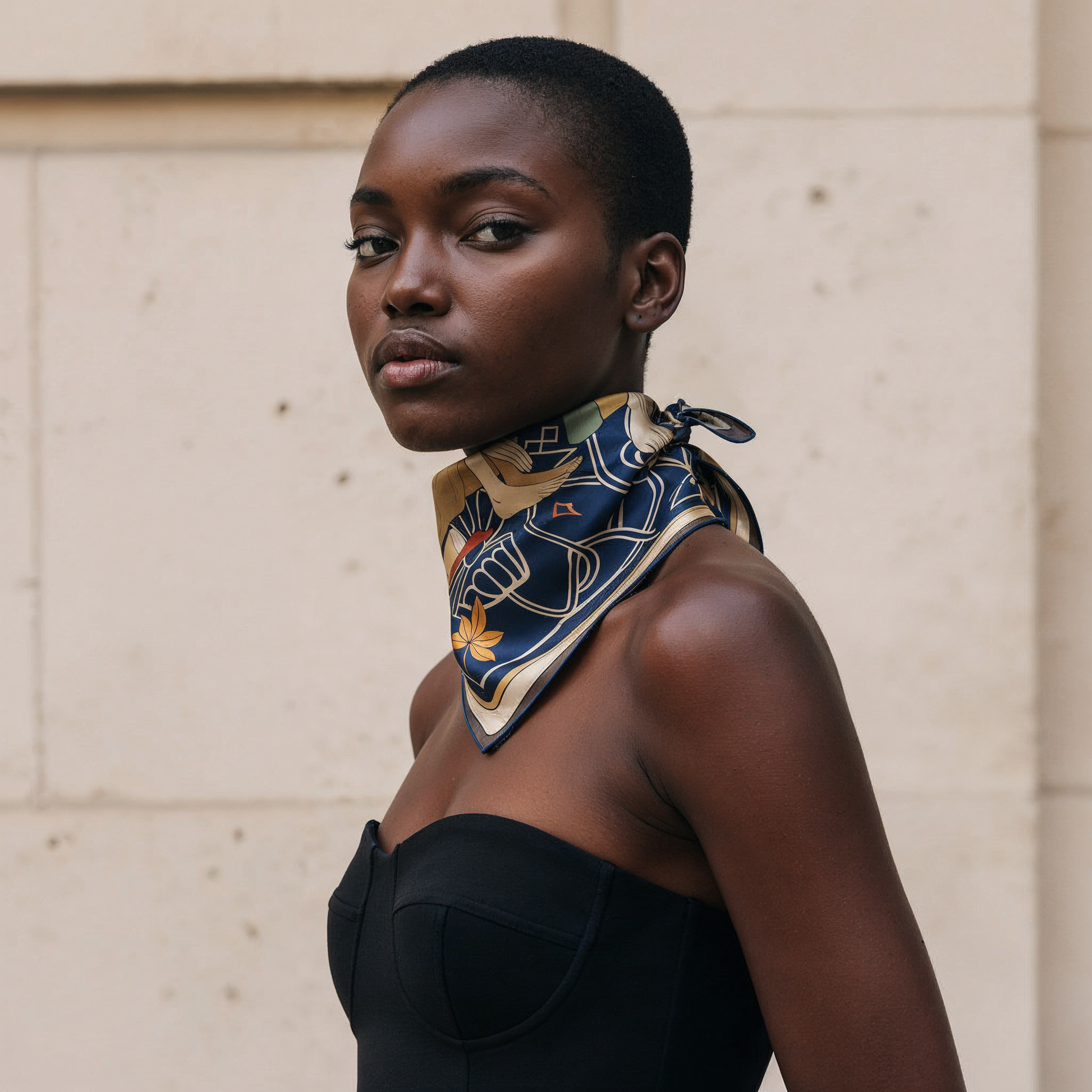 NOE MI Apple Affair Sapphire square silk scarf is a designer accessory that can be styled as a neck scarf, headscarf, or handbag accent for elevated everyday looks.