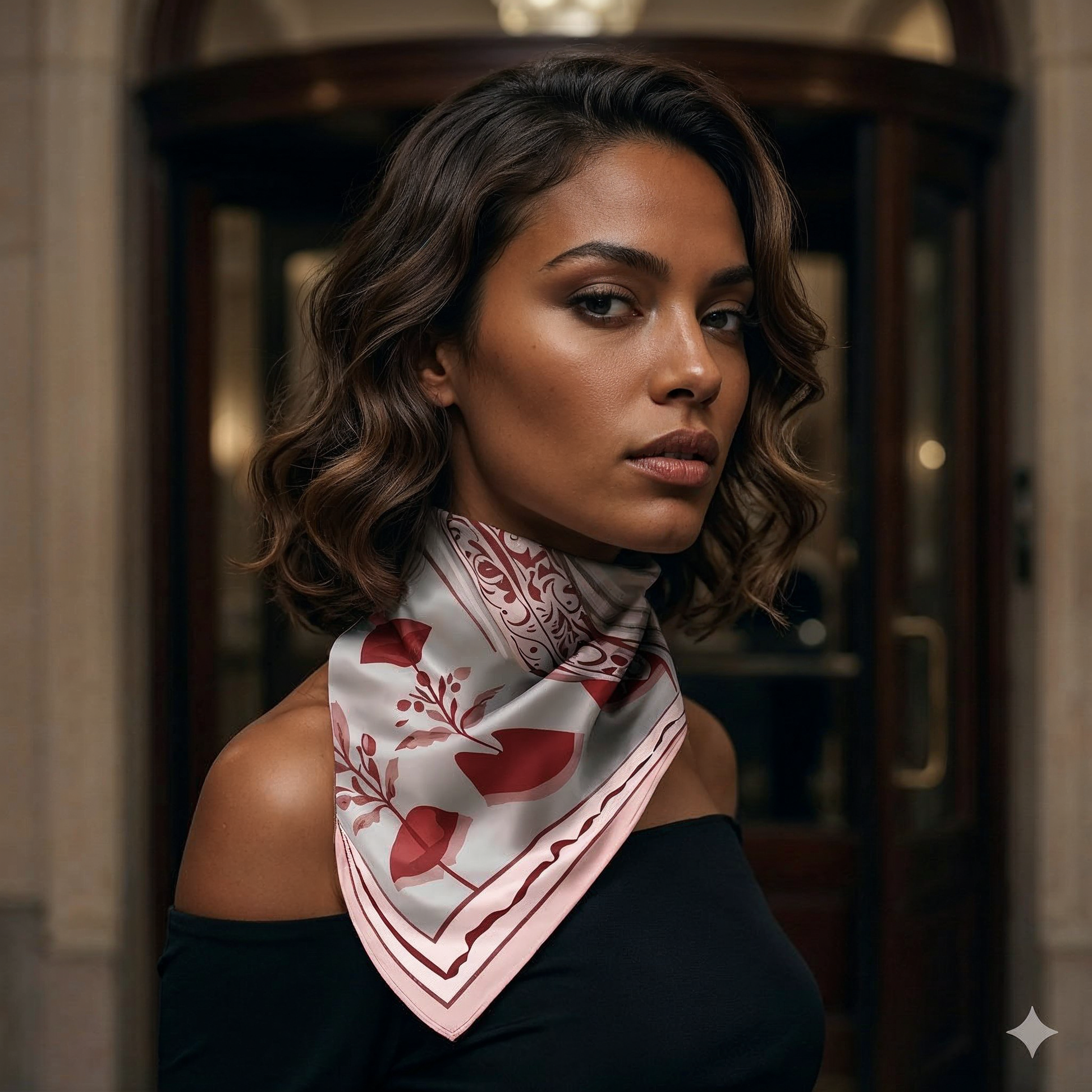 NOE MI Ginger Lace Nude  square silk scarf is a designer accessory suitable for curated wardrobes, fashion forward women, and statement styling.