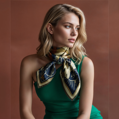 NOE MI Apple Affair Sapphire silk scarf is a square silk scarf featuring three feminine figures with symbolic elements such as apple, butterfly, and serpent in a deep blue palette.