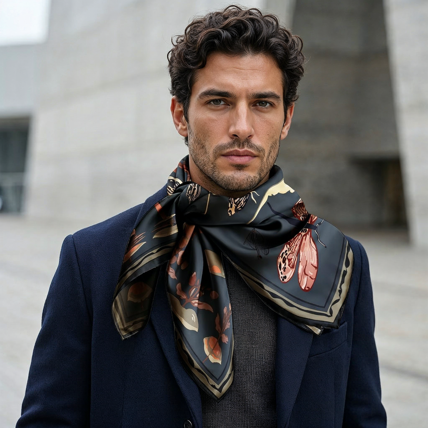 NOE MI Ginger Lace Indigo square silk scarf is a luxury accessory that adds depth, contrast, and quiet sophistication to modern styling.