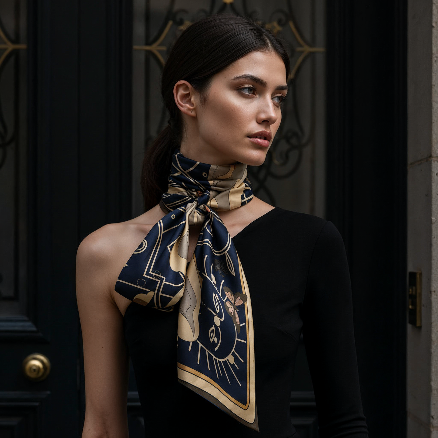 NOE MI Apple Affair Sapphire silk scarf is a luxury silk twill scarf combining sapphire blue and warm neutral tones for a sophisticated fashion statement.