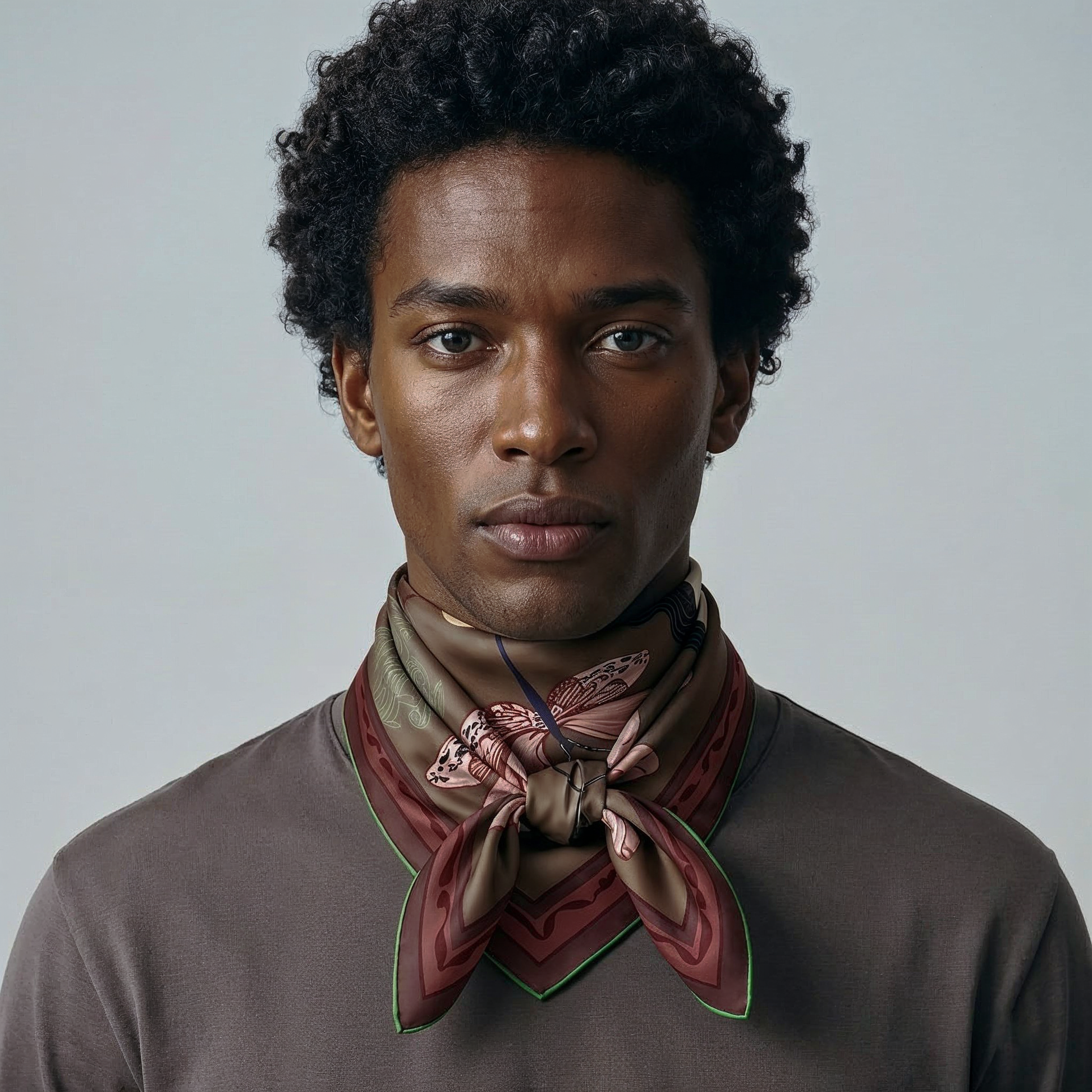 NOE MI Ginger Lace Gothic silk scarf is a high end fashion piece combining rich earthy tones, symbolic illustration, and elegant silk texture.