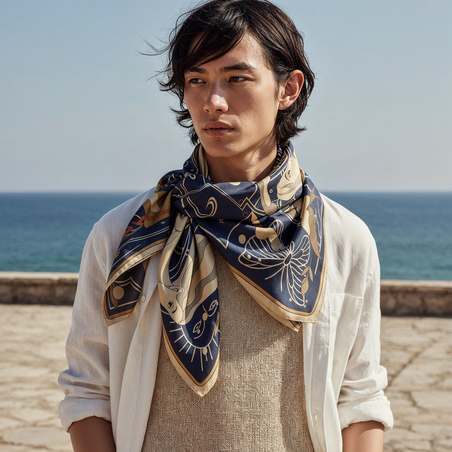 NOE MI Apple Affair Sapphire square silk scarf is a luxury accessory that adds depth, contrast, and quiet sophistication to modern fashion styling.