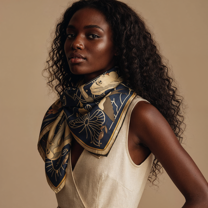 NOE MI Apple Affair Sapphire square silk scarf is a luxury accessory that adds depth, contrast, and quiet sophistication to modern outfits.