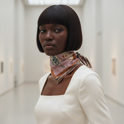 NOE MI Quiet Control Umber silk scarf is a square silk accessory that can be styled as a neck scarf, headscarf, or handbag detail for modern and elegant everyday looks.