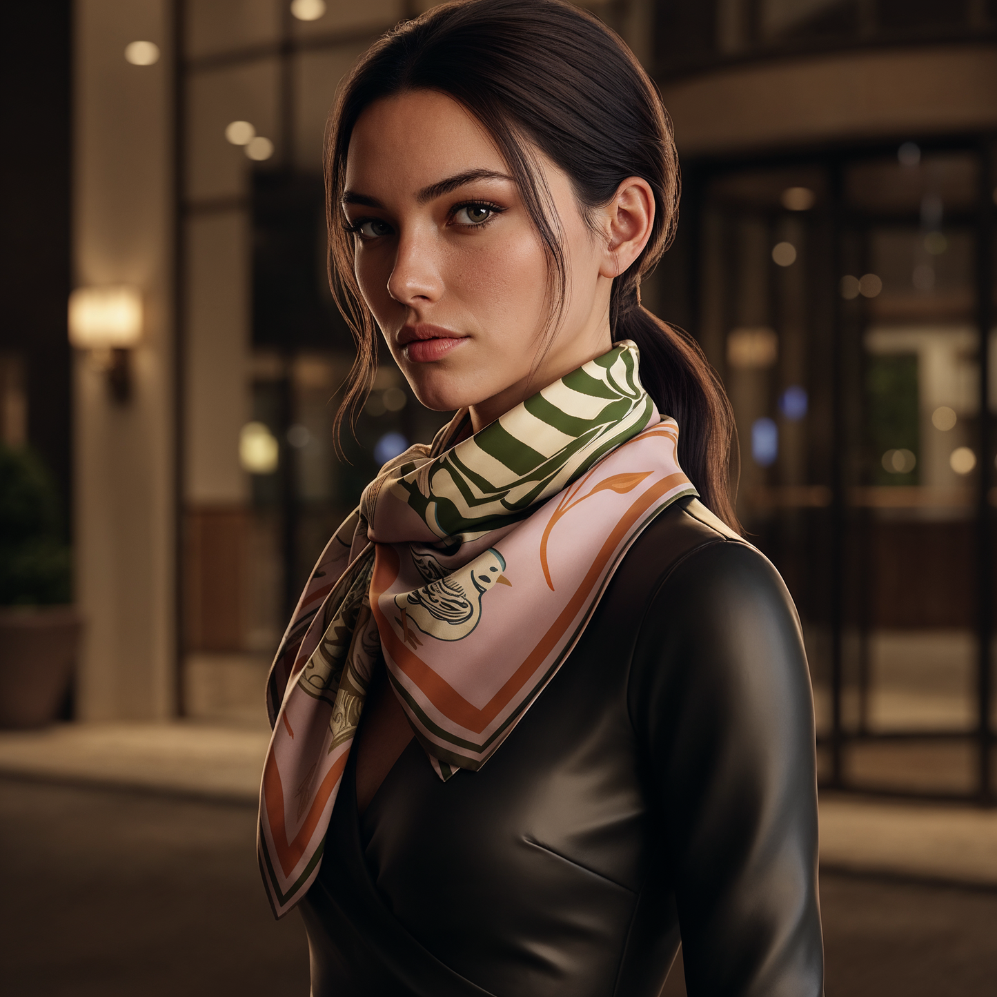 NOE MI Quiet Control Umber silk scarf is a luxury fashion scarf in blush and brown tones that adds softness, depth, and understated elegance to contemporary wardrobes.