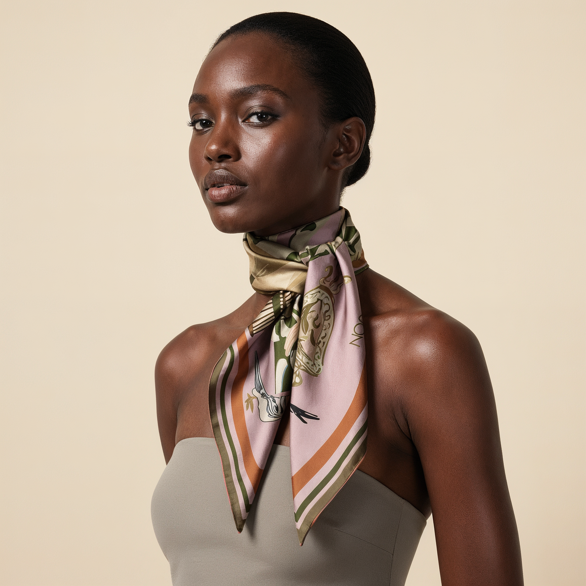 NOE MI Quiet Control Umber silk scarf is a luxury square silk scarf in warm umber brown, soft blush pink, muted green, and earthy neutral tones, designed for elegant women and refined fashion styling.