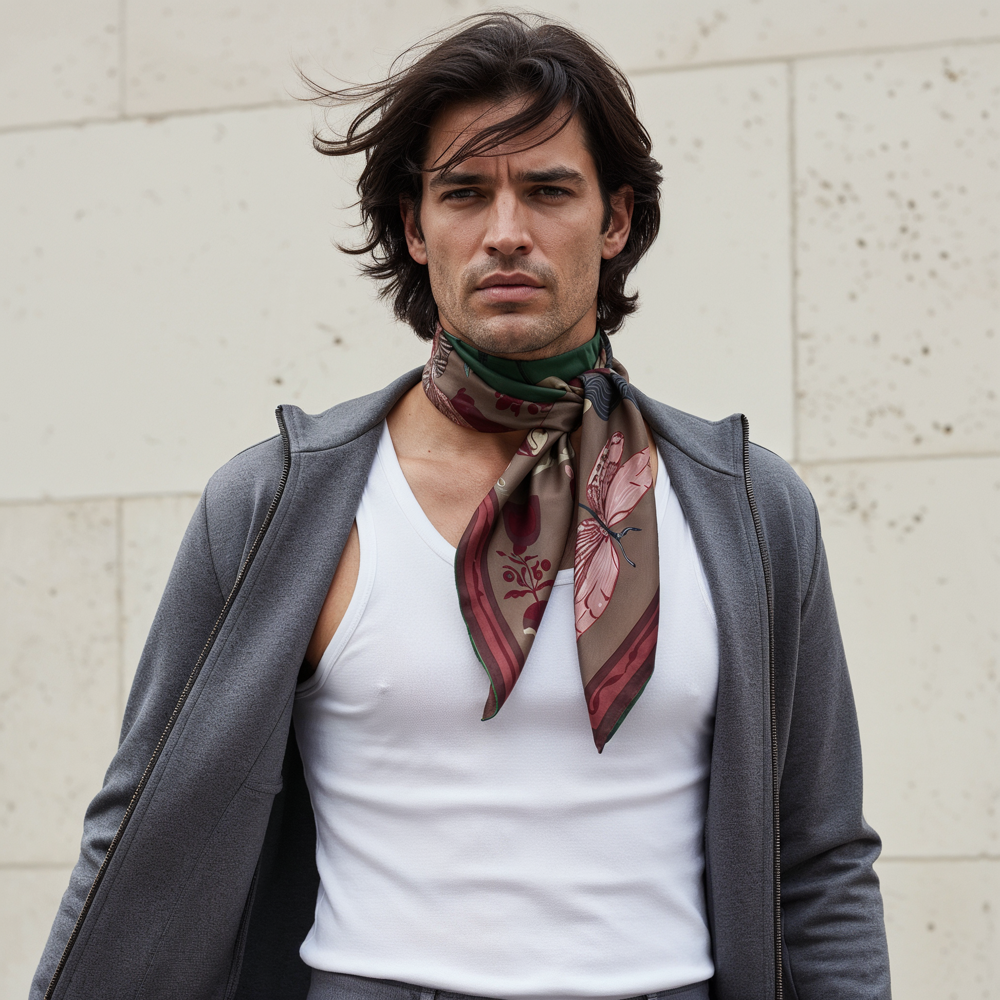 NOE MI Ginger Lace Gothic men’s silk scarf is a luxury silk twill scarf that transforms everyday dressing into a quiet, controlled, and visually striking style statement.