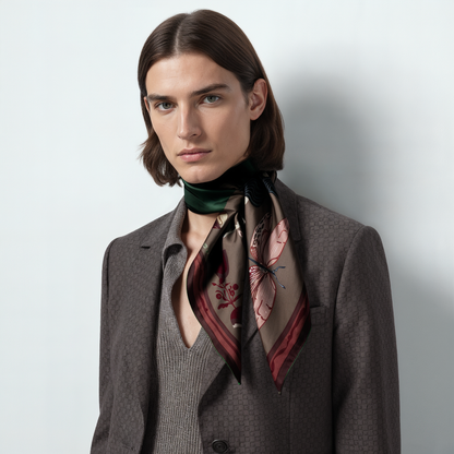 NOE MI Ginger Lace Gothic men’s silk scarf is an elegant designer accessory combining botanical elements, feminine figure, and dark refined palette for curated wardrobes.