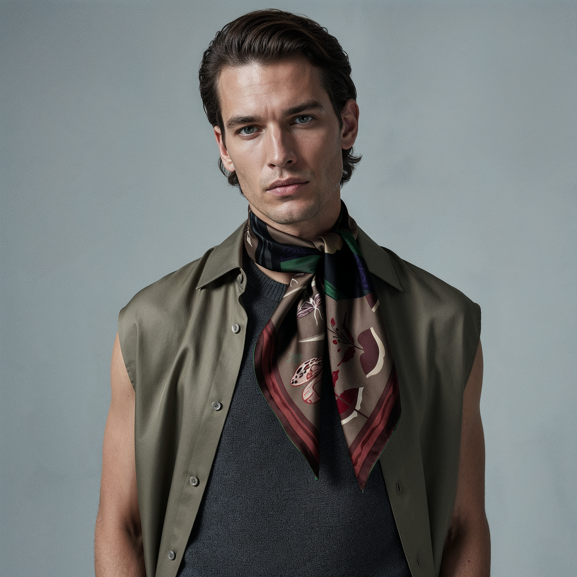 NOE MI Ginger Lace Gothic men’s silk scarf is a collectible wearable art piece designed for modern menswear, boutique styling, and international luxury fashion markets.