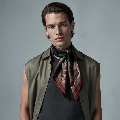 NOE MI Ginger Lace Gothic men’s silk scarf is a collectible wearable art piece designed for modern menswear, boutique styling, and international luxury fashion markets.