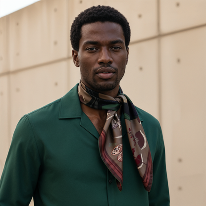 NOE MI Ginger Lace Gothic men’s silk scarf is a luxury accessory for sophisticated men, art collectors, and fashion forward clients looking for high end designer scarves online.