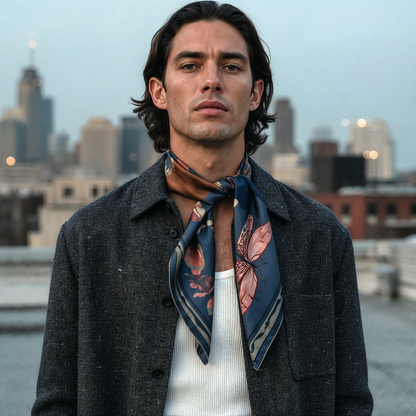 NOE MI Ginger Lace Indigo men’s silk scarf is a luxury silk twill scarf that transforms everyday dressing into a quiet, grounded, and visually expressive style statement.