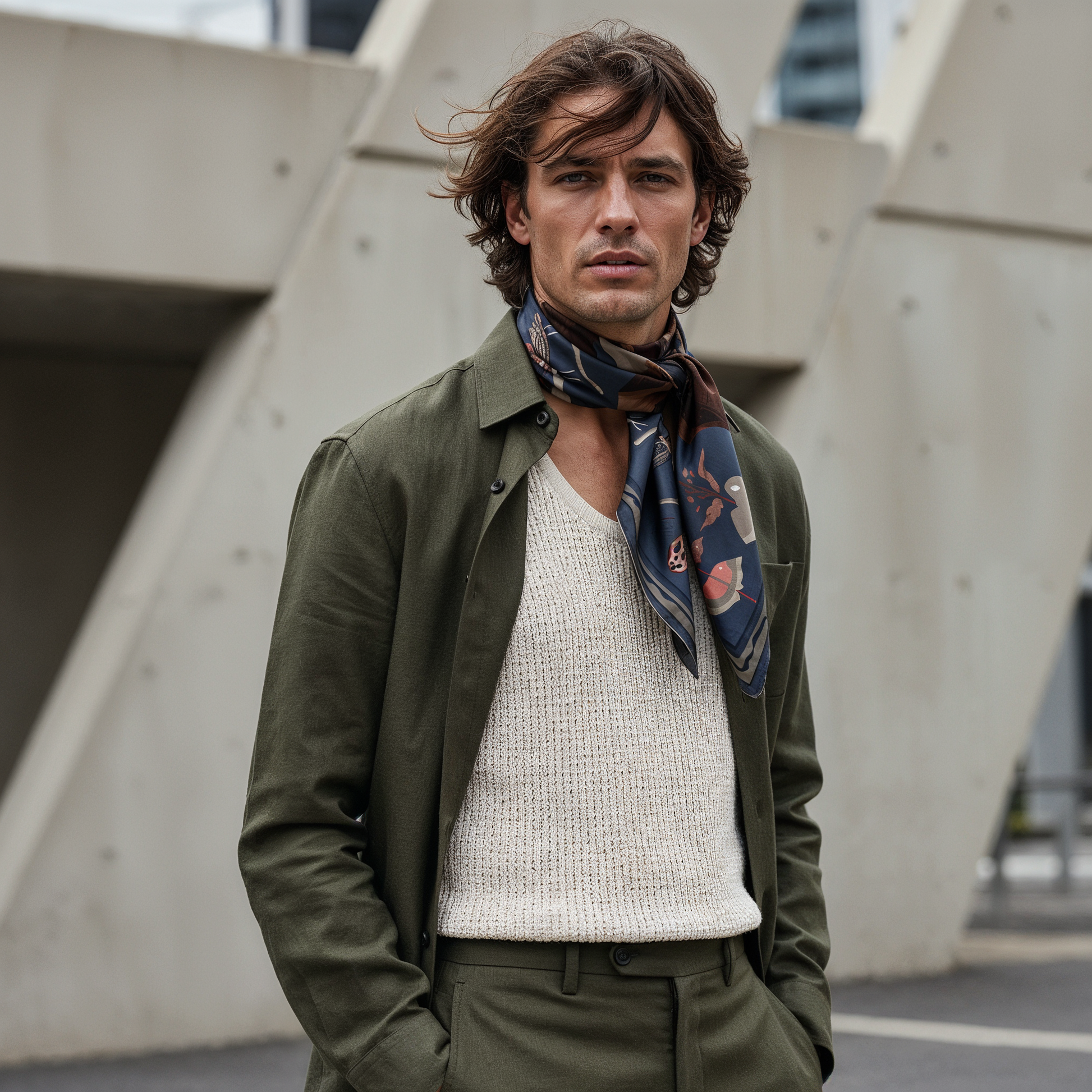 NOE MI Ginger Lace Indigo men’s silk scarf is an elegant designer accessory combining botanical elements, feminine figure, and warm earthy palette for curated wardrobes.