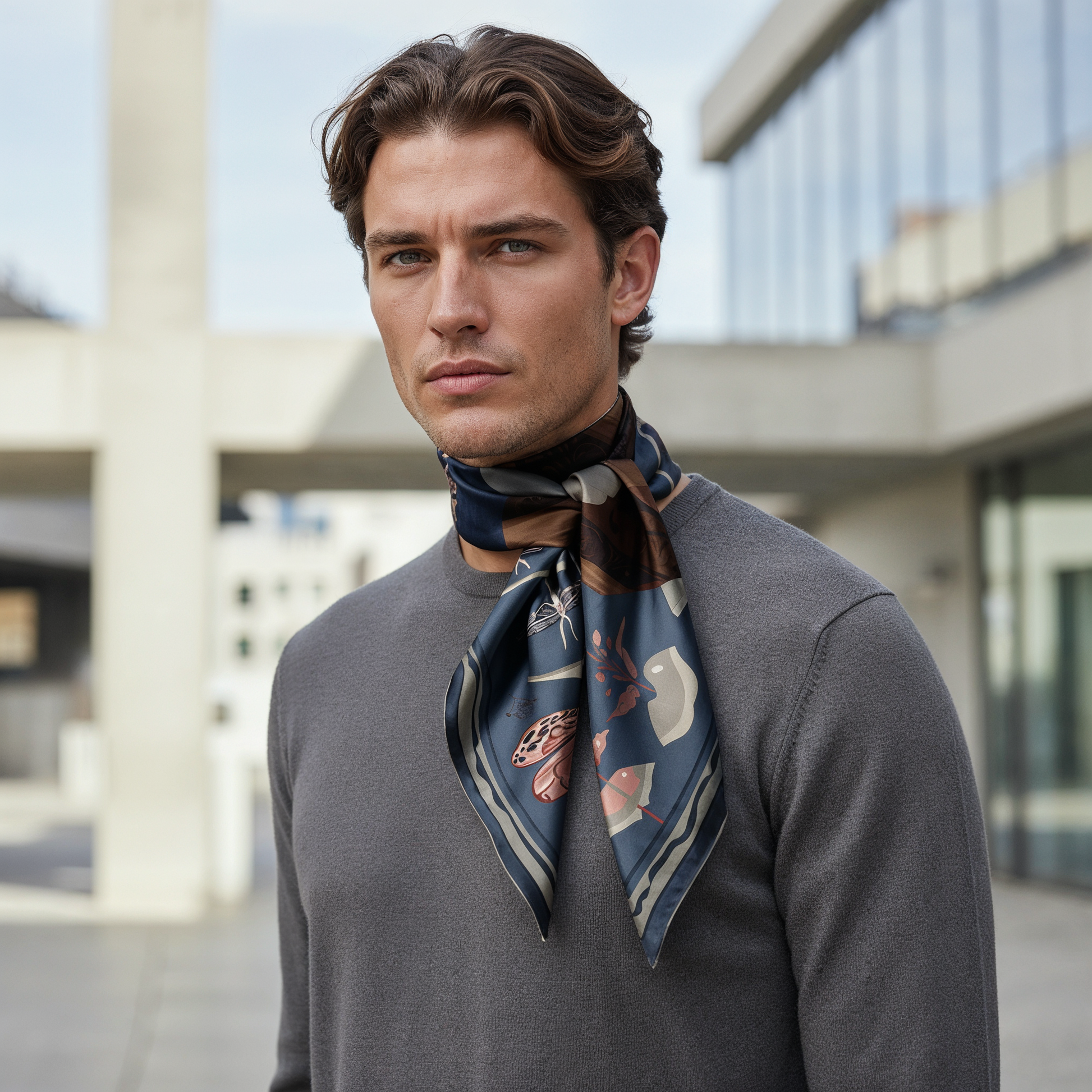 NOE MI Ginger Lace Indigo men’s silk scarf is a premium square silk scarf that elevates outfits with deep indigo richness, subtle contrast, and refined artistic detail.
