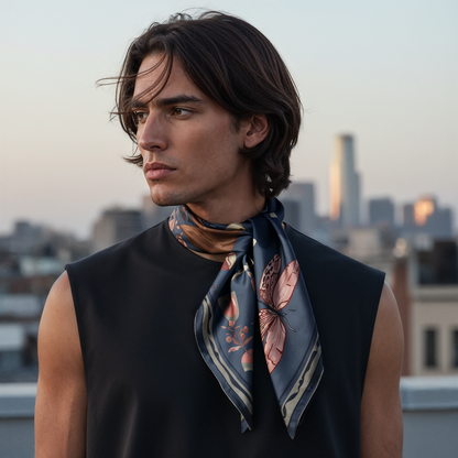 NOE MI Ginger Lace Indigo men’s silk scarf is a collectible wearable art piece designed for modern menswear, boutique styling, and international luxury fashion markets.