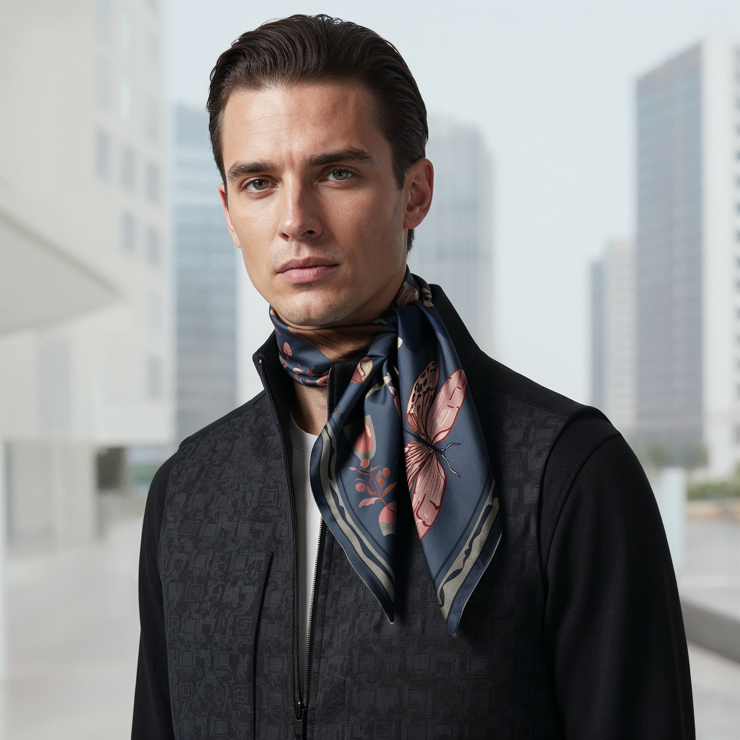 NOE MI Ginger Lace Indigo men’s silk scarf is a luxury accessory for sophisticated men, art collectors, and fashion forward clients seeking high end designer scarves online.