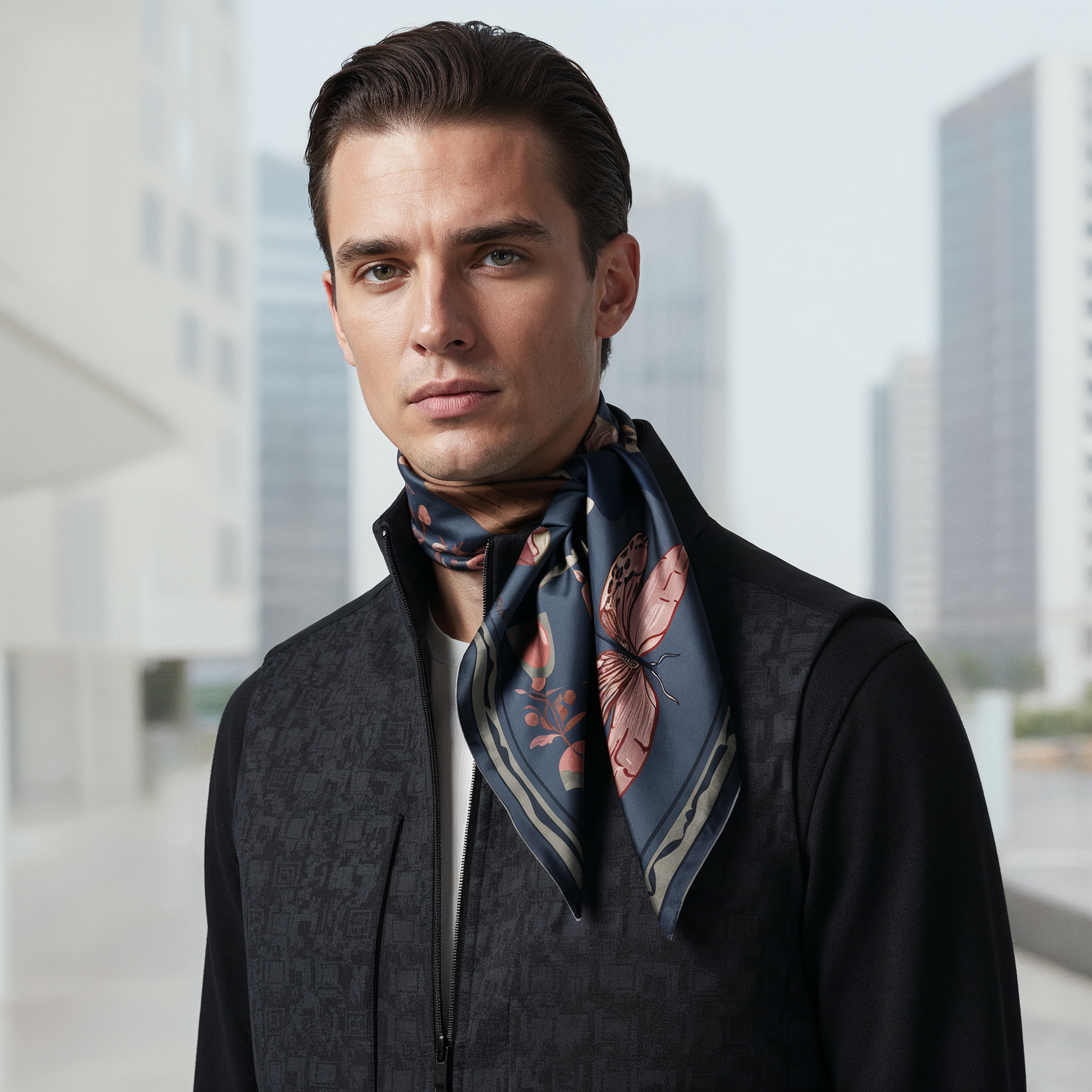 NOE MI Ginger Lace Indigo men’s silk scarf is a luxury accessory for sophisticated men, art collectors, and fashion forward clients seeking high end designer scarves online.