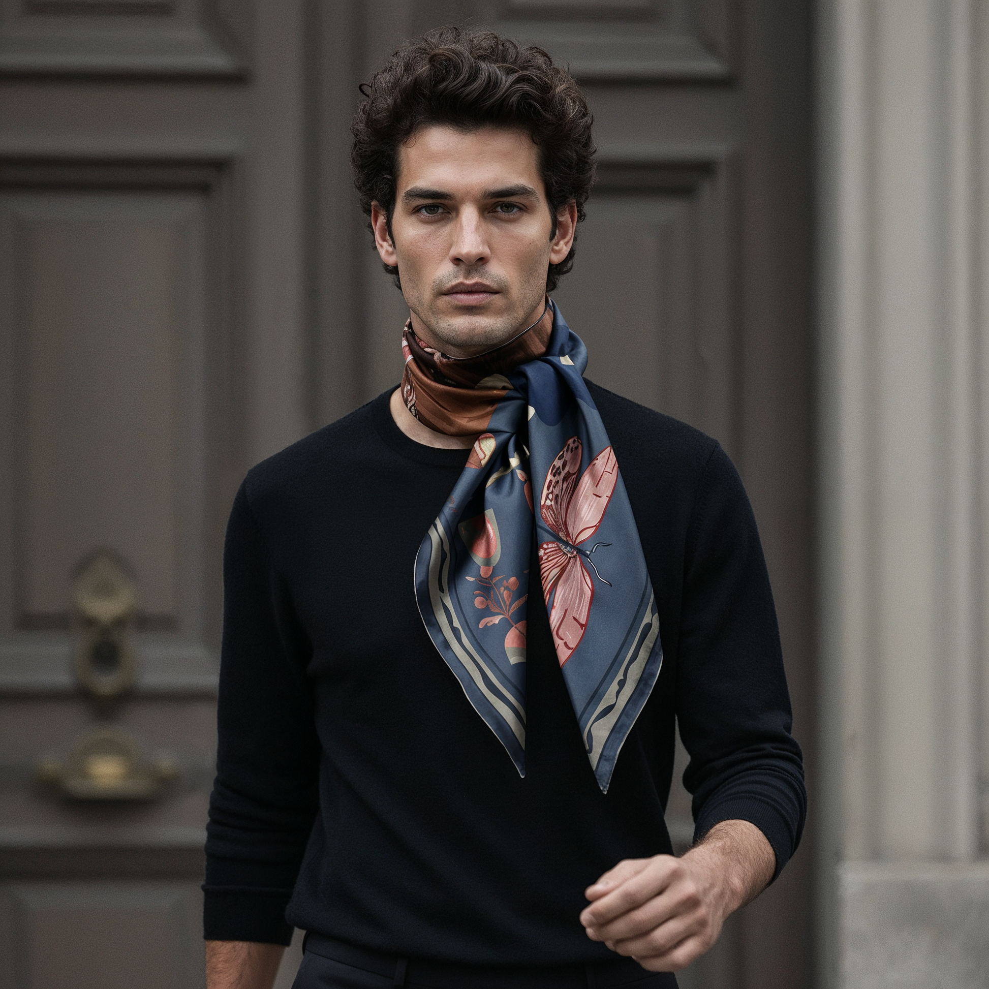 NOE MI Ginger Lace Indigo men’s silk scarf is a refined fashion piece that blends elegance, earthy color harmony, and symbolic imagery in a balanced design.