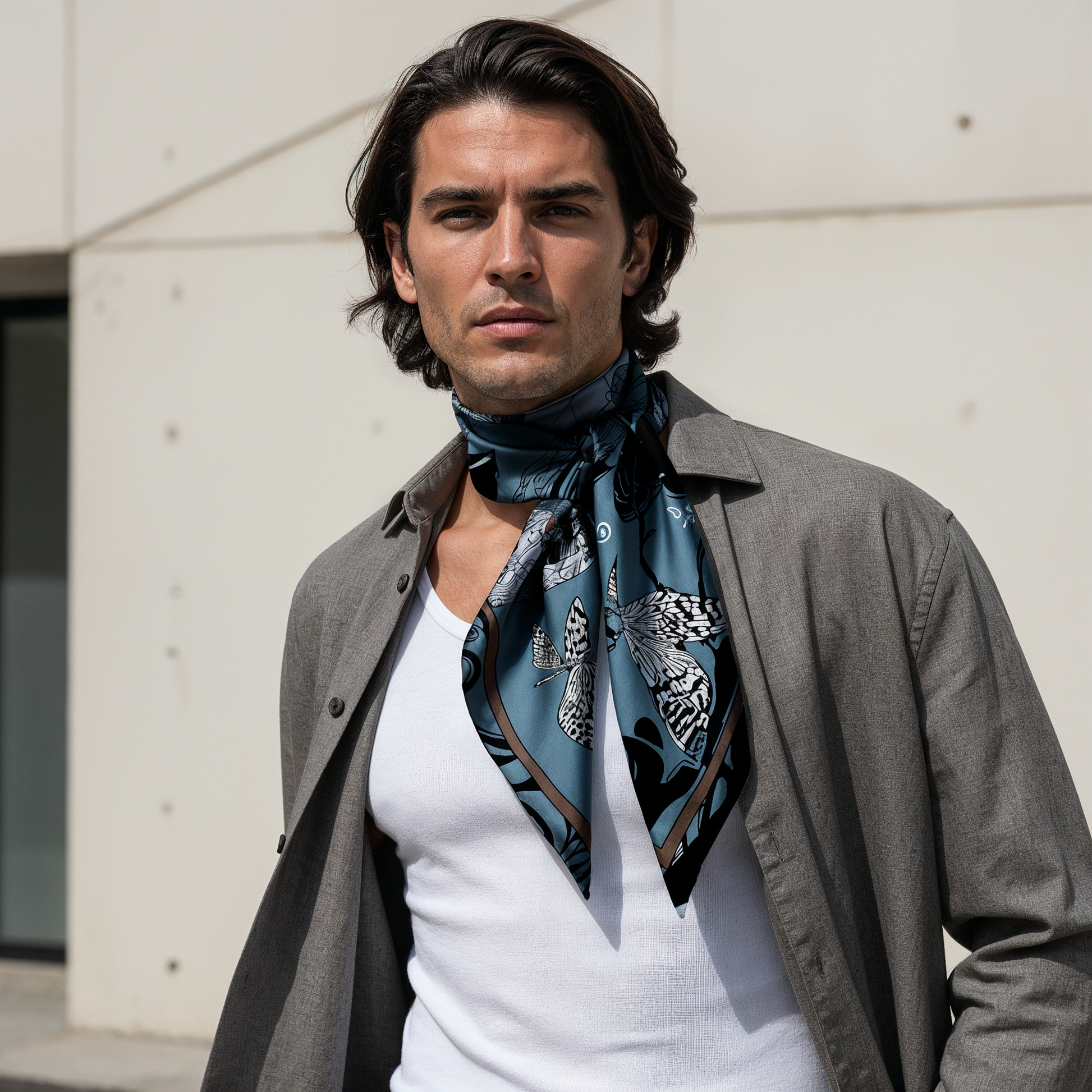 NOE MI Smoked Net Blue silk scarf is a luxury silk twill scarf that transforms everyday dressing into a quiet, balanced, and visually sophisticated style statement.