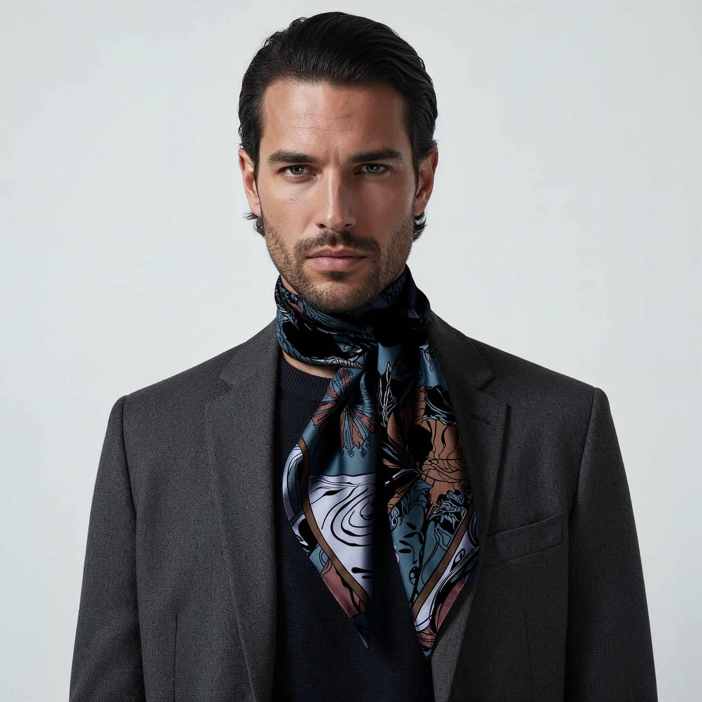 NOE MI Smoked Net Blue silk scarf is a collectible wearable art piece designed for modern wardrobes, boutique styling, and international luxury fashion markets.