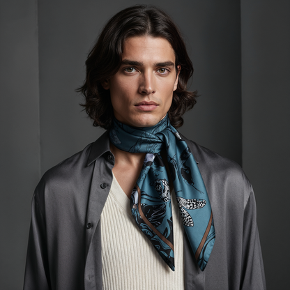 NOE MI Smoked Net Blue silk scarf is a premium square silk scarf that elevates styling with deep blue richness, subtle movement, and contemporary design language.