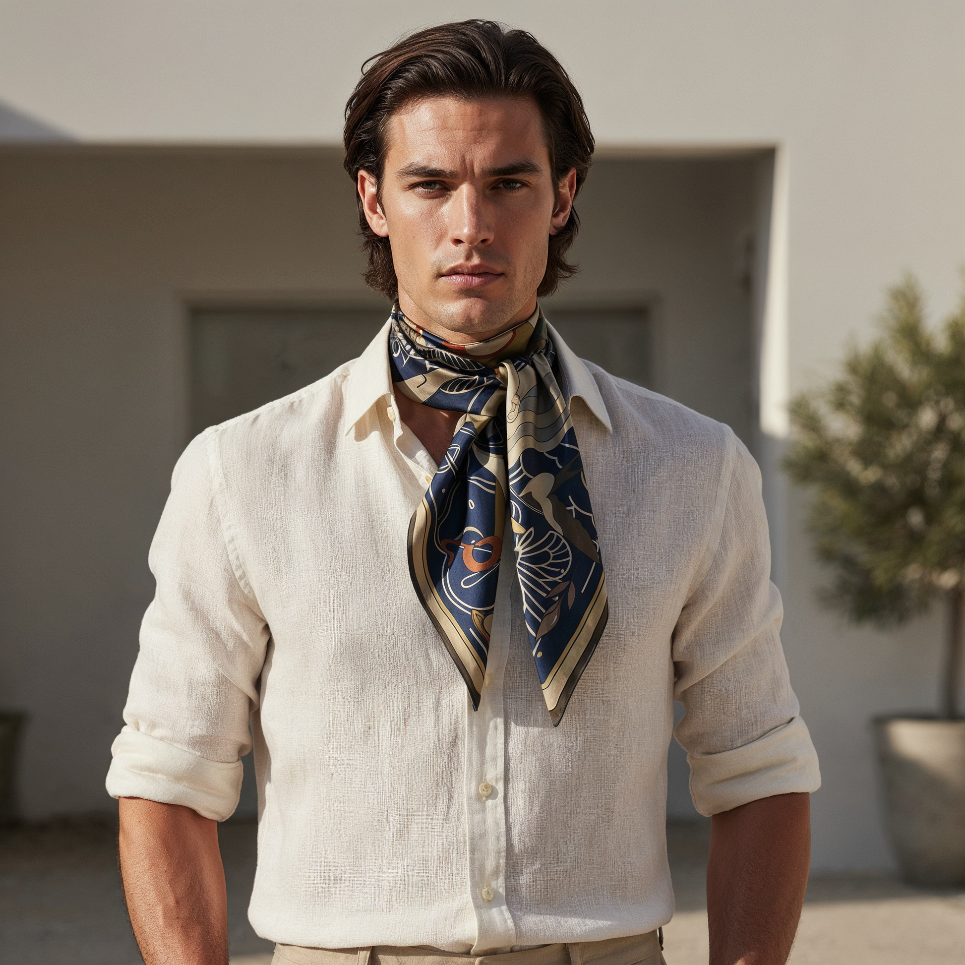 NOE MI Apple Affair Sapphire men’s silk scarf is a luxury square scarf featuring three feminine figures and symbolic elements, offering depth, contrast, and visual narrative.