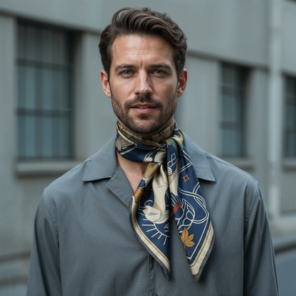 NOE MI Apple Affair Sapphire men’s silk scarf is a refined fashion piece that brings together elegance, symbolism, and strong color composition in a balanced design.