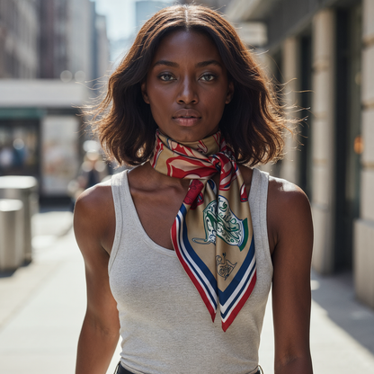 Designer silk scarf by NOE MI inspired by Mediterranean Riviera style, combining bold red and blue tones with premium silk twill for luxury fashion lovers worldwide.