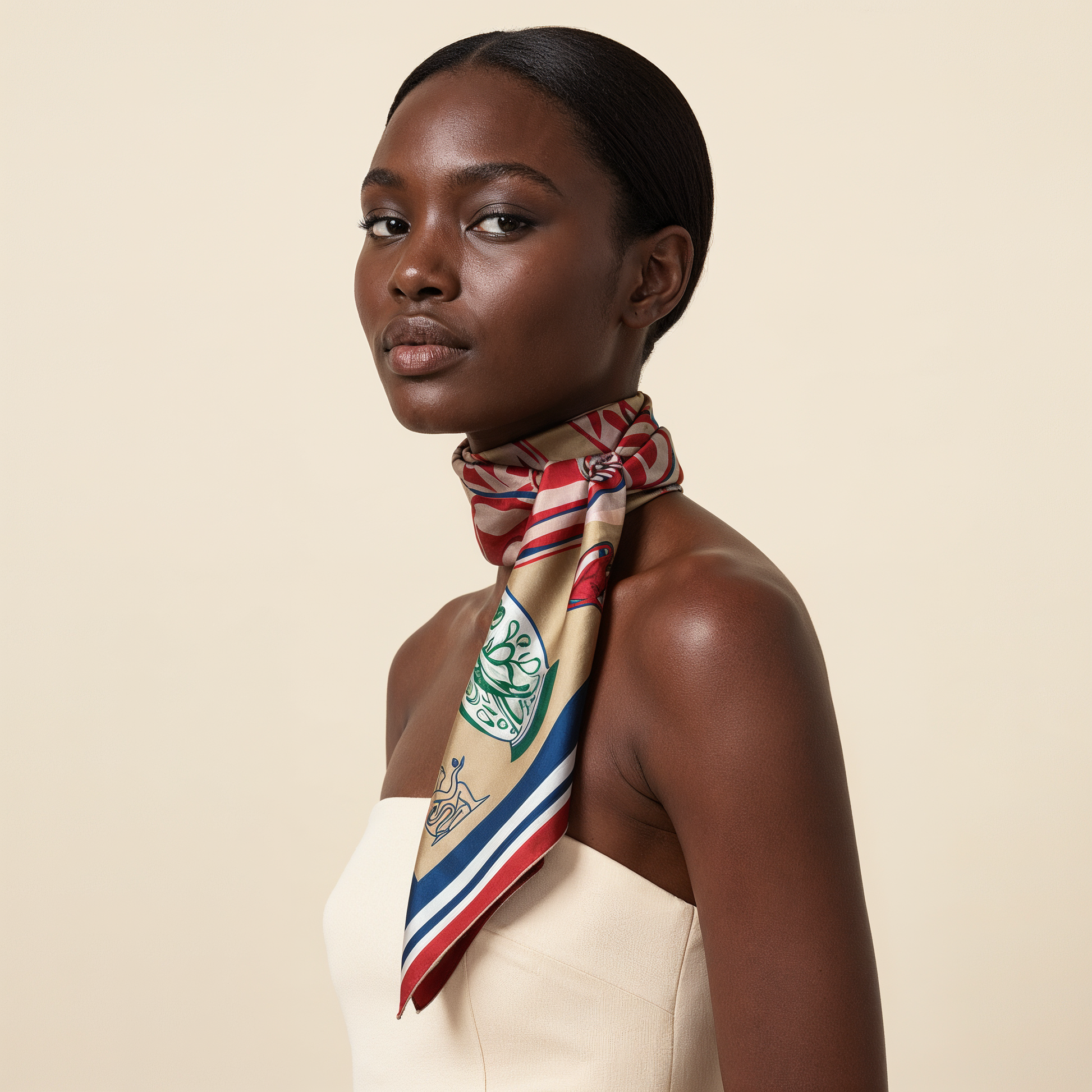 A NOE MI Silk scarf by Noemi Safir 

NOE MI wearable art silk scarf blending high fashion and modern art, featuring Riviera inspired colors perfect for sophisticated women in global fashion capitals.