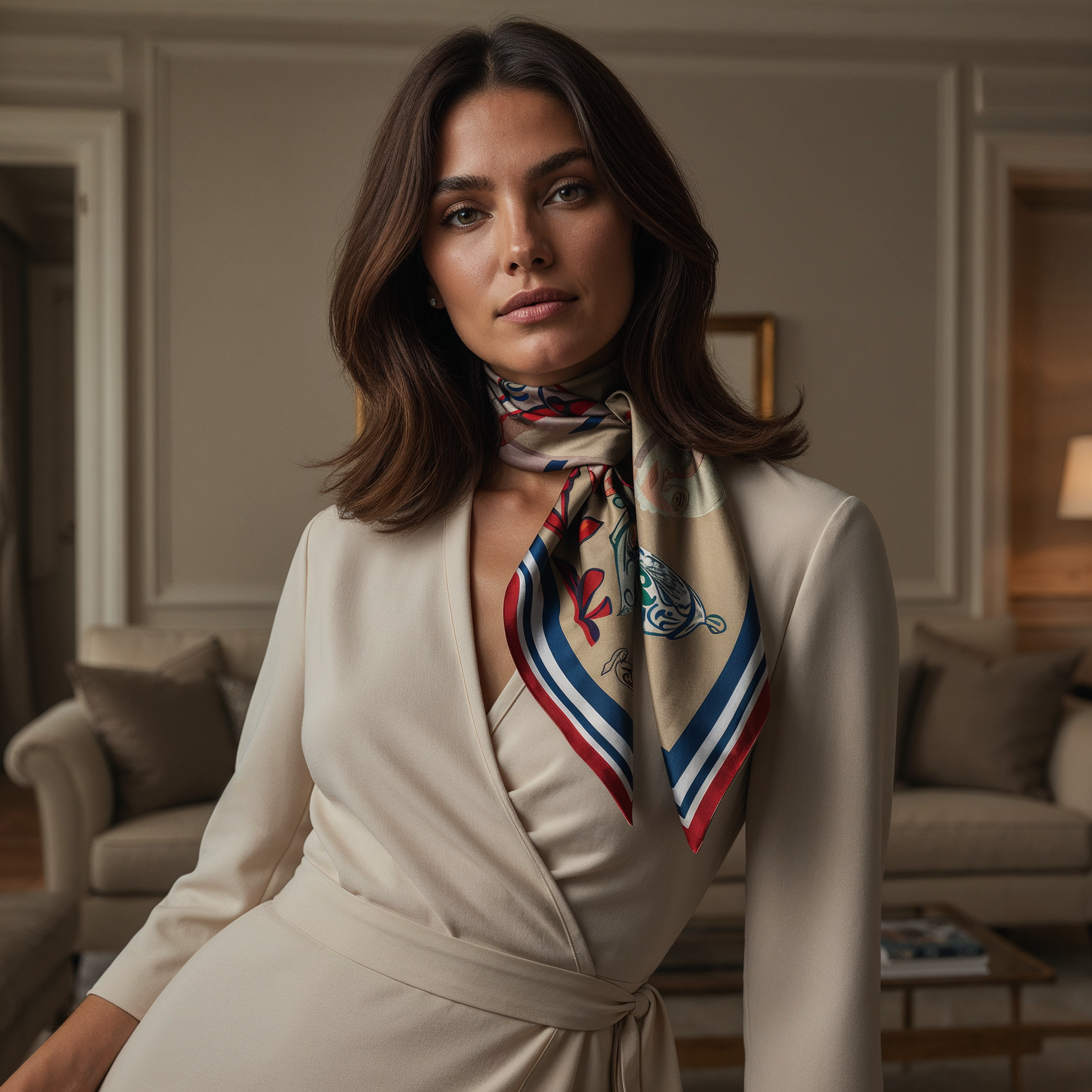 Unique luxury silk scarf by NOE MI combining artistic storytelling and Mediterranean tones, ideal for women seeking statement fashion pieces across international markets.