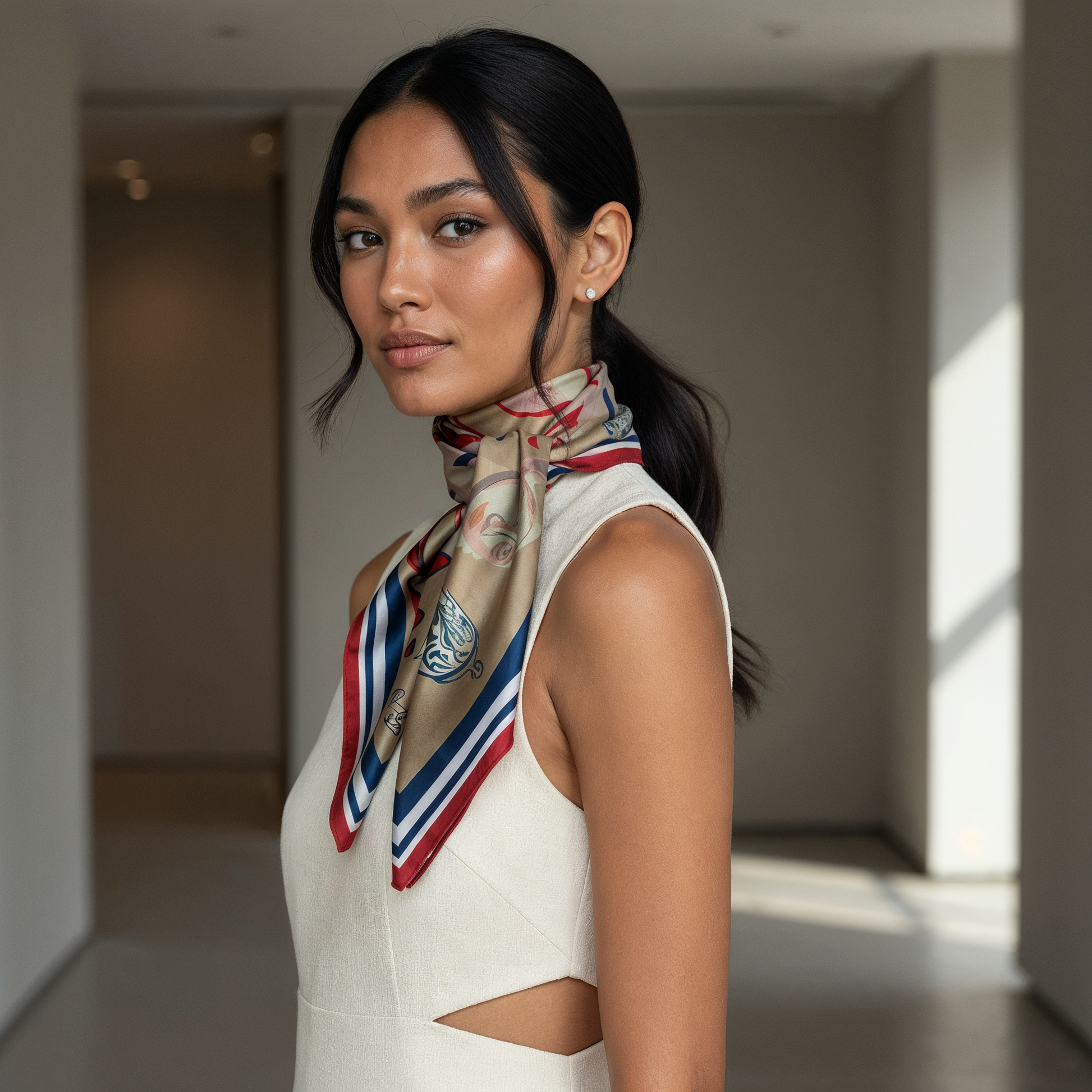 Statement silk scarf in Riviera palette designed for modern women, merging contemporary art and luxury fashion aesthetics in cities like Paris, Tel Aviv, and Los Angeles.