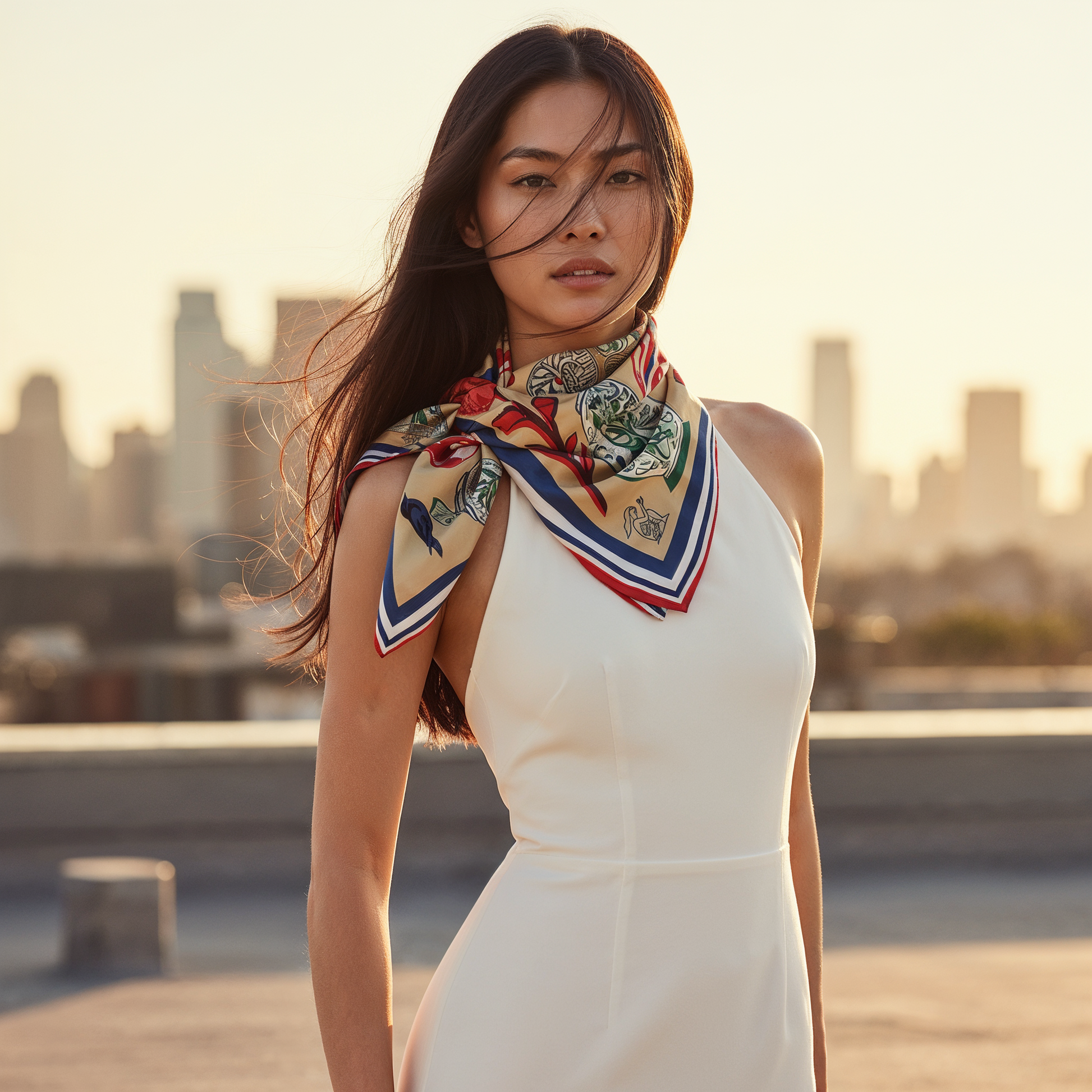 Statement silk scarf in Riviera palette designed for modern women, merging contemporary art and luxury fashion aesthetics in cities like Paris, Tel Aviv, and Los Angeles.