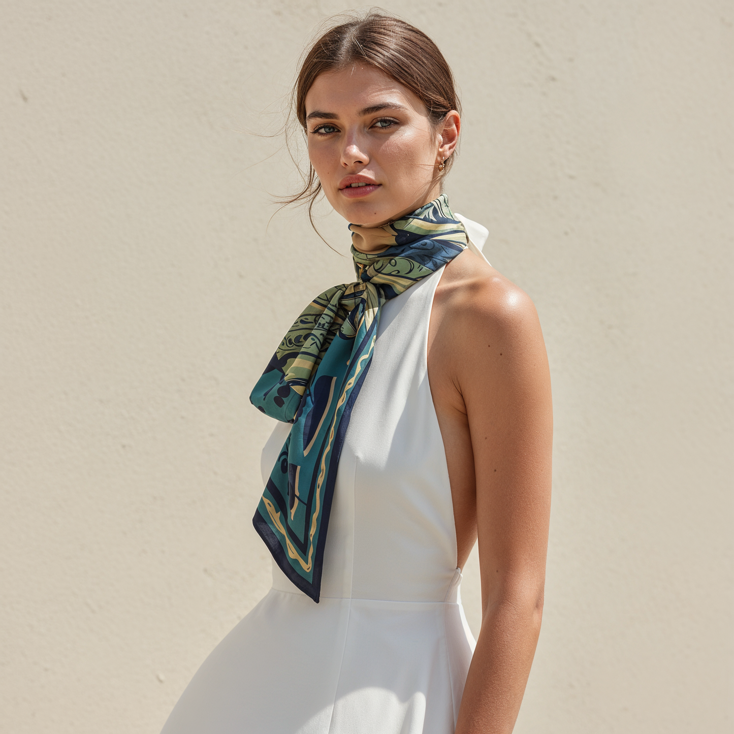 Unique luxury silk scarf by NOE MI combining artistic storytelling and soft color composition, ideal for women seeking elegant fashion pieces worldwide.