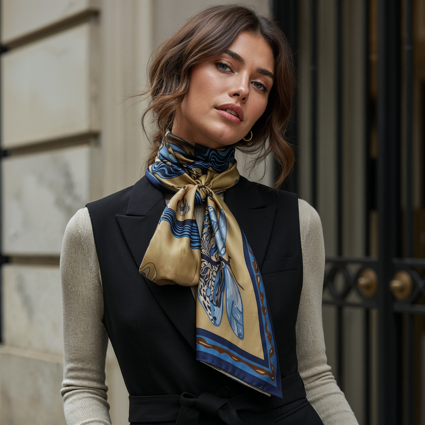 High end silk twill scarf with rich Bordeaux tones and elegant detailing, perfect for evening styling in New York, London, and Milan.