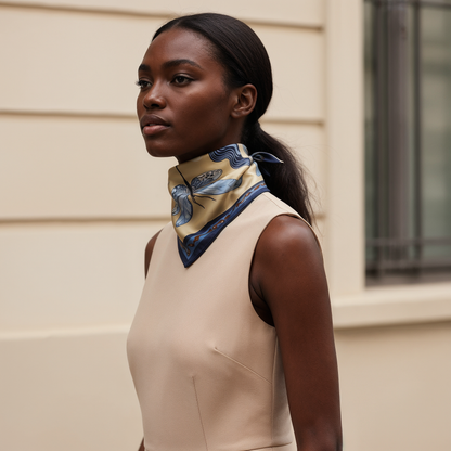 Unique luxury silk scarf by NOE MI blending artistic storytelling and dramatic color palette, designed for women seeking statement fashion pieces internationally.