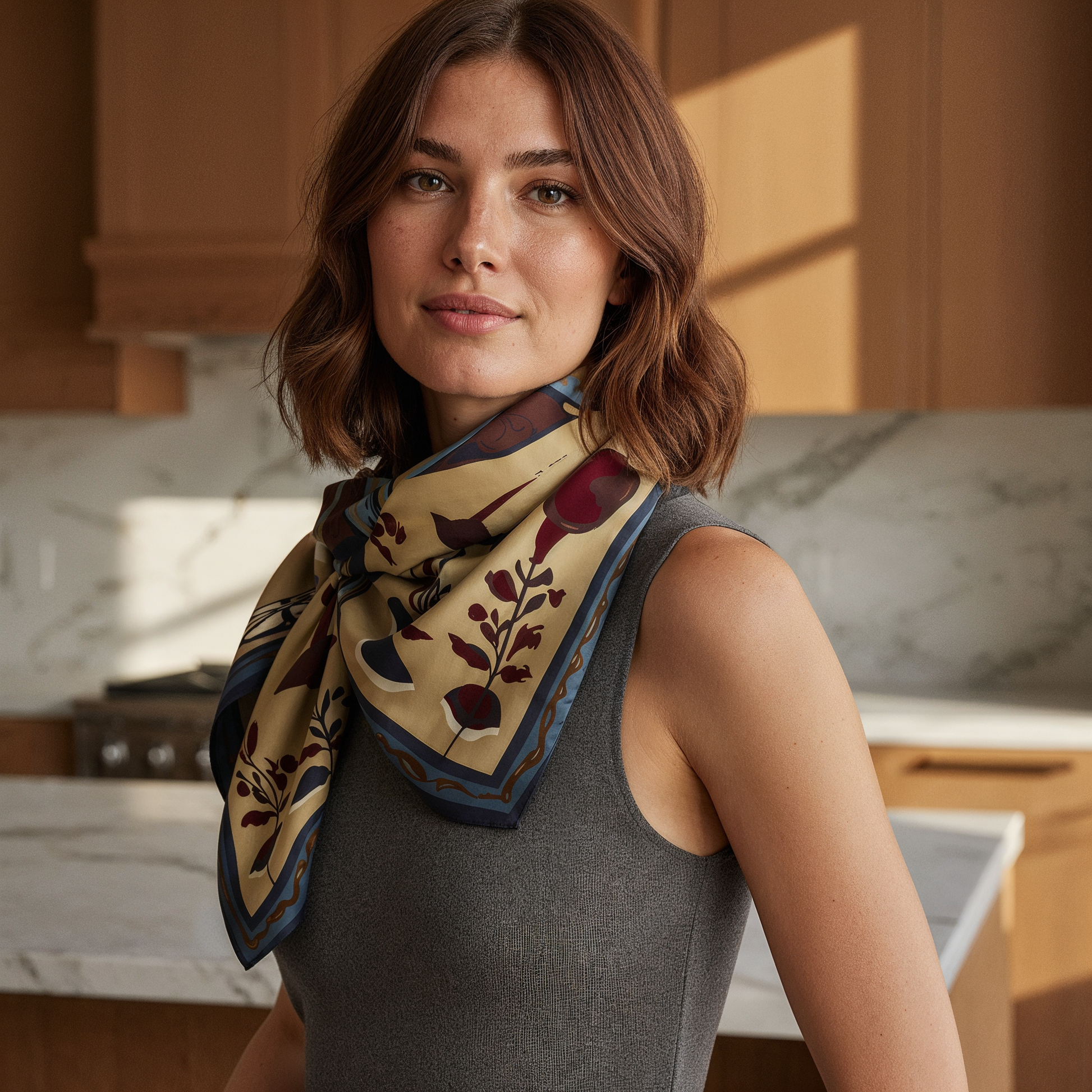 Statement silk scarf in burgundy and navy tones, combining contemporary art and luxury fashion for elegant styling in Paris, Tel Aviv, and Los Angeles.