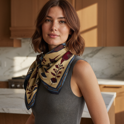 Statement silk scarf in burgundy and navy tones, combining contemporary art and luxury fashion for elegant styling in Paris, Tel Aviv, and Los Angeles.