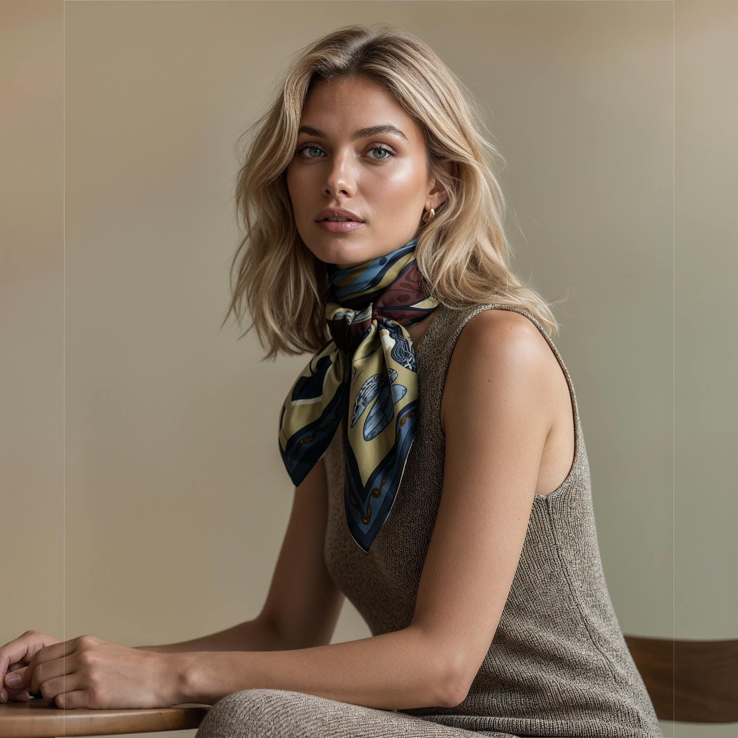Premium designer scarf by NOE MI with deep color contrasts and refined composition, luxury silk accessory for global fashion lovers and collectors.