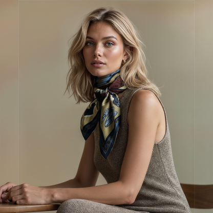 Premium designer scarf by NOE MI with deep color contrasts and refined composition, luxury silk accessory for global fashion lovers and collectors.