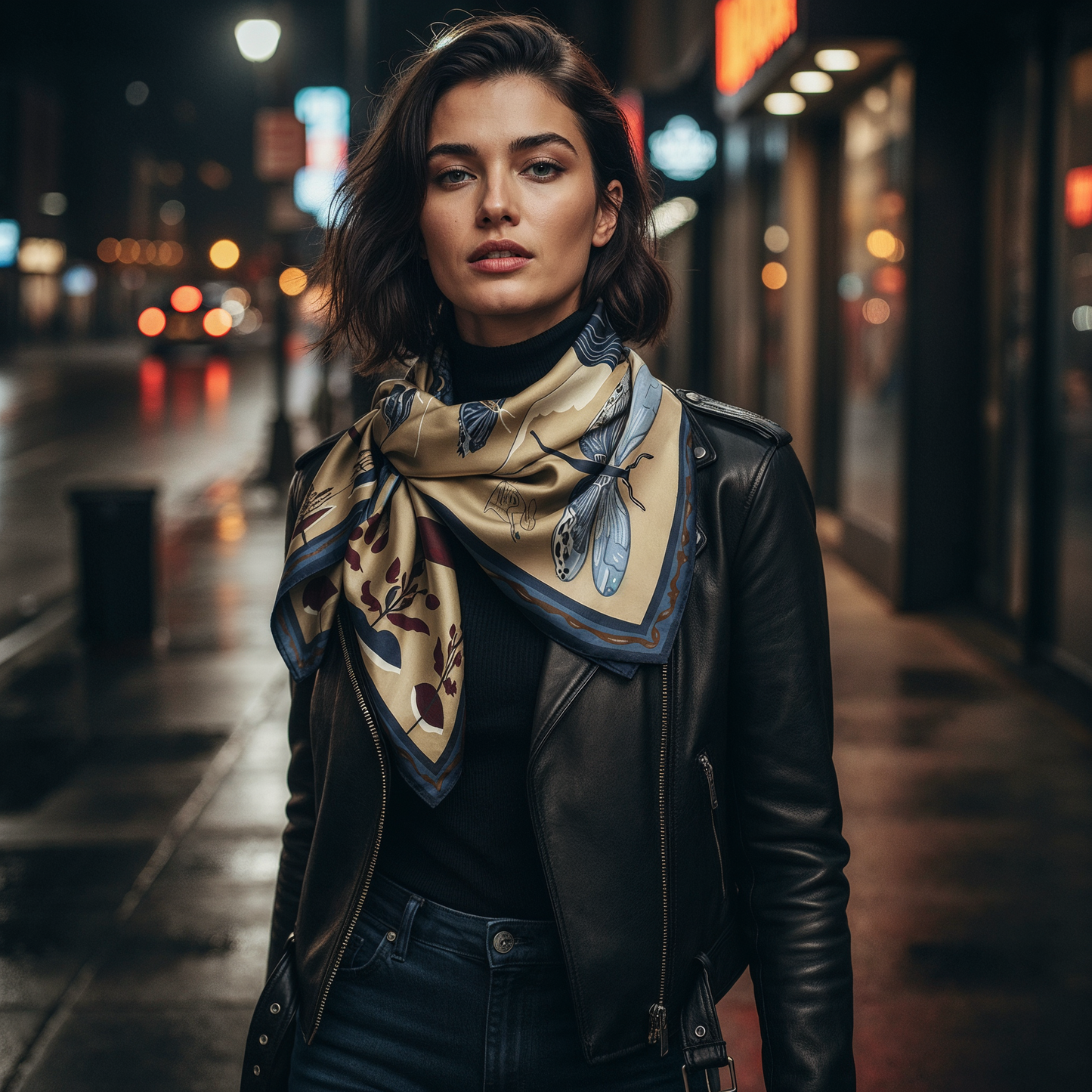 NOE MI wearable art silk scarf combining bold composition and sophisticated color palette, luxury accessory for modern women across global fashion capitals.