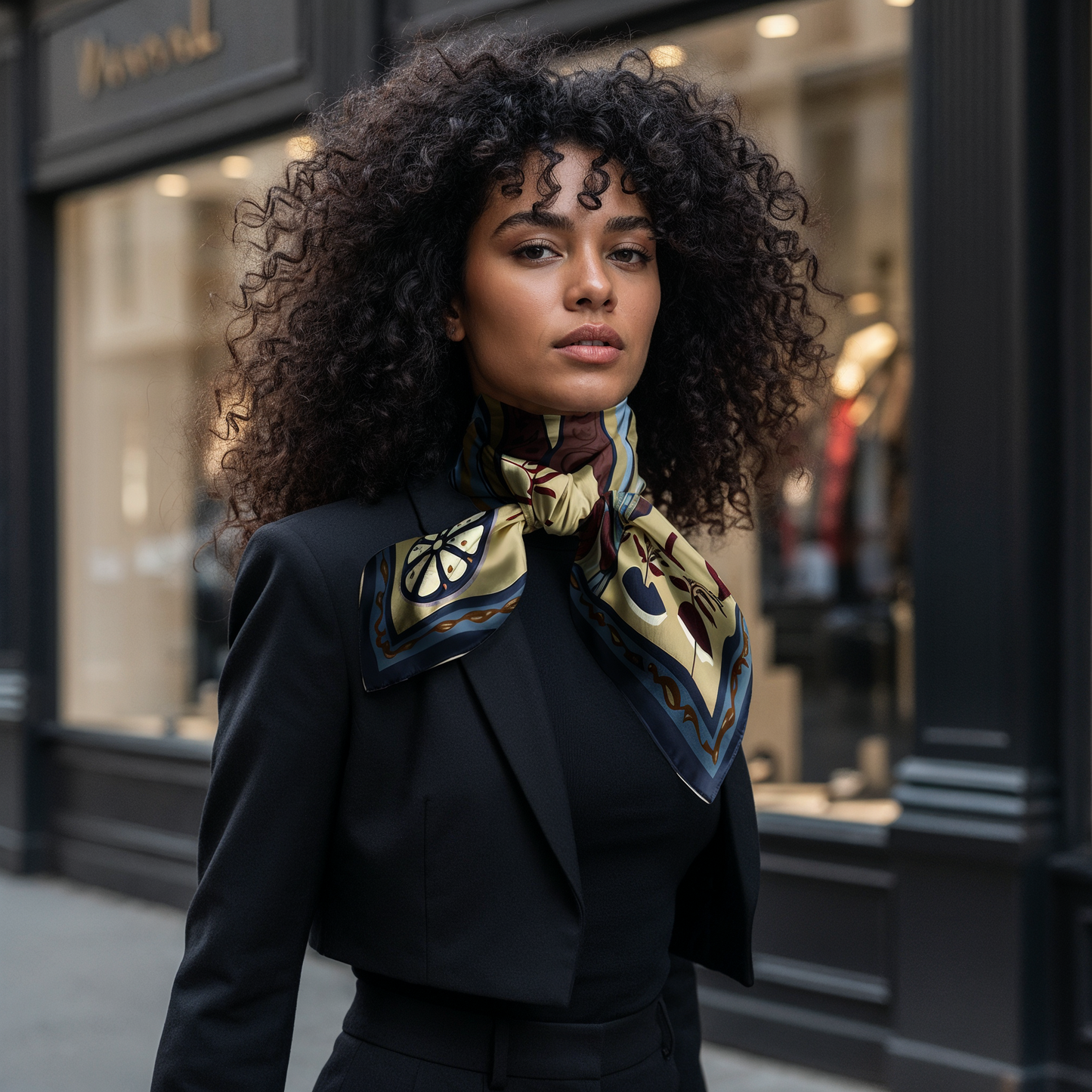 NOE MI luxury silk scarf in Bordeaux tones featuring deep burgundy, navy, and brown hues, elegant designer accessory for women in Paris, Milan, New York, and Tel Aviv.
