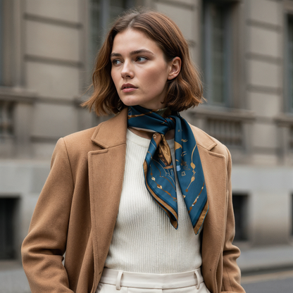 NOE MI wearable art silk scarf combining refined color palette of blue, gold, and cream, ideal for sophisticated styling in Paris, London, and Rome.